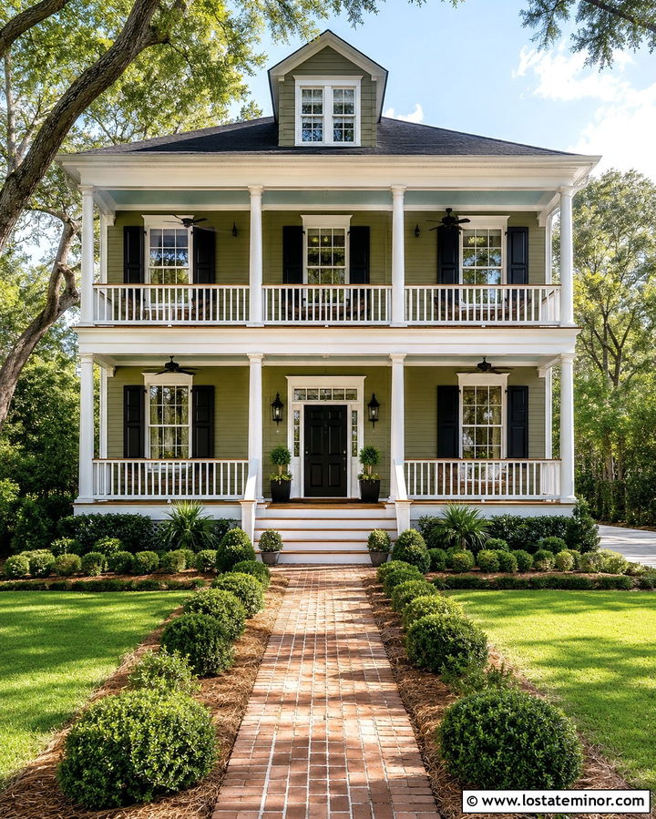 Olive Green Charleston House With Double Porches - 30 Olive Green House Design With Front Porch Ideas