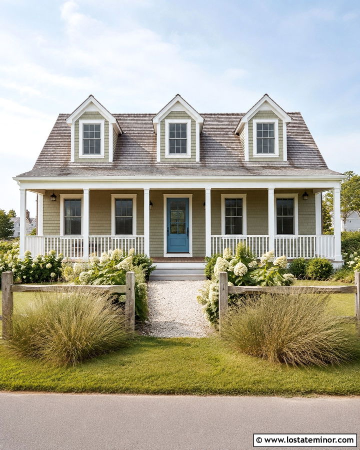 Olive Green Coastal Cottage With White Dormers - 30 Olive Green House Design With Dormers Ideas