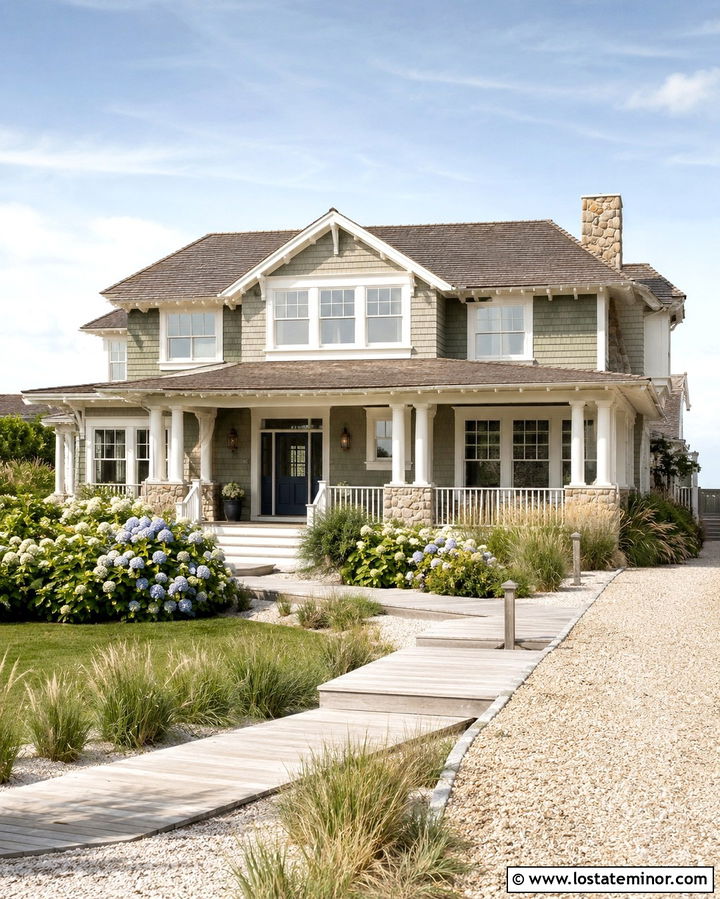Olive Green Coastal House Siding With Light Trim - 30 Olive Green House Design With Siding Ideas
