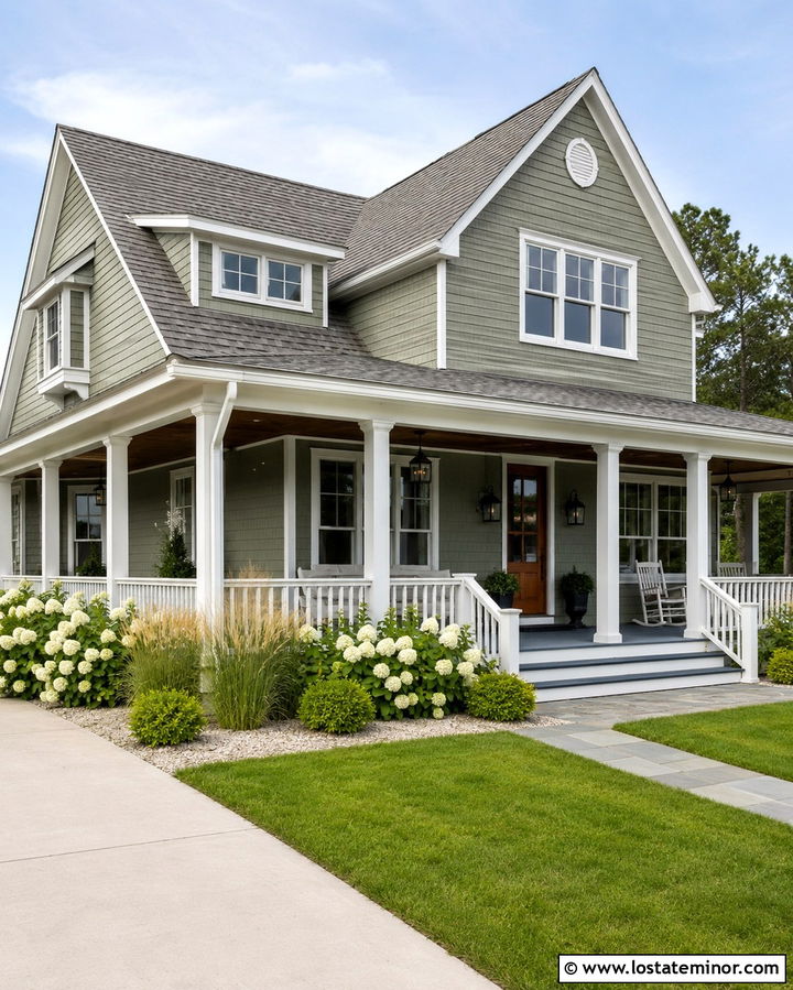 Olive Green Coastal House With Blue Gray Porch Floor - 30 Olive Green House Design With Front Porch Ideas