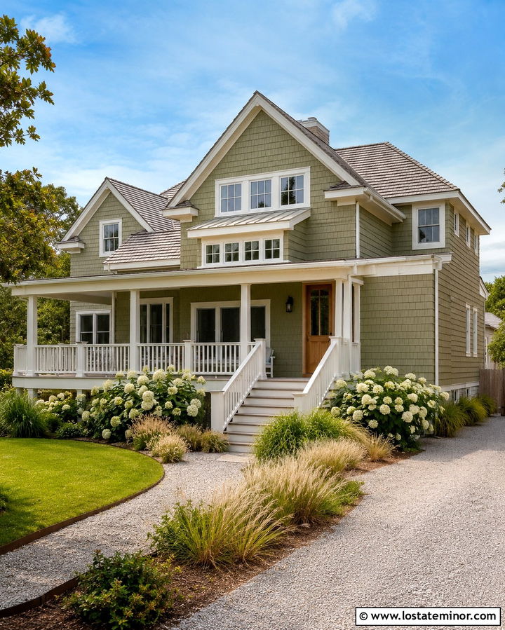 Olive Green Coastal House With Gray Shingles - 30 Olive Green House Design With Shingles Ideas