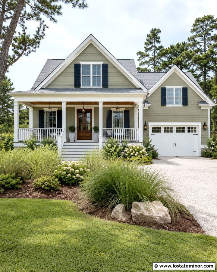Olive Green Coastal House With Navy Shutters - 30 Olive Green House Design With Shutters Ideas