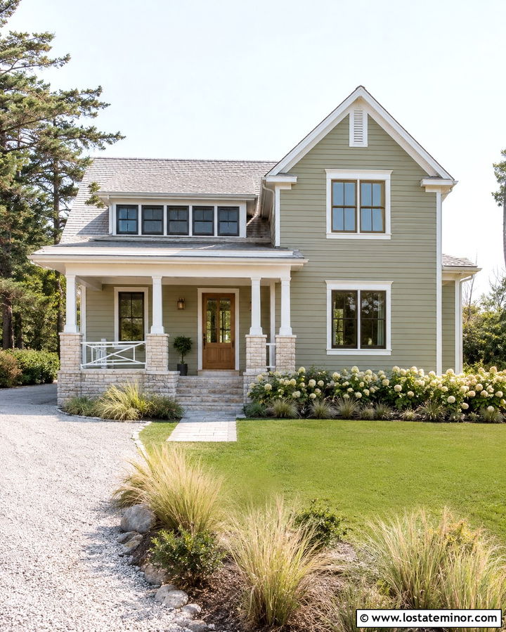 Olive Green Coastal House With Pale Stone - 30 Olive Green House Design With Stone Accents Ideas
