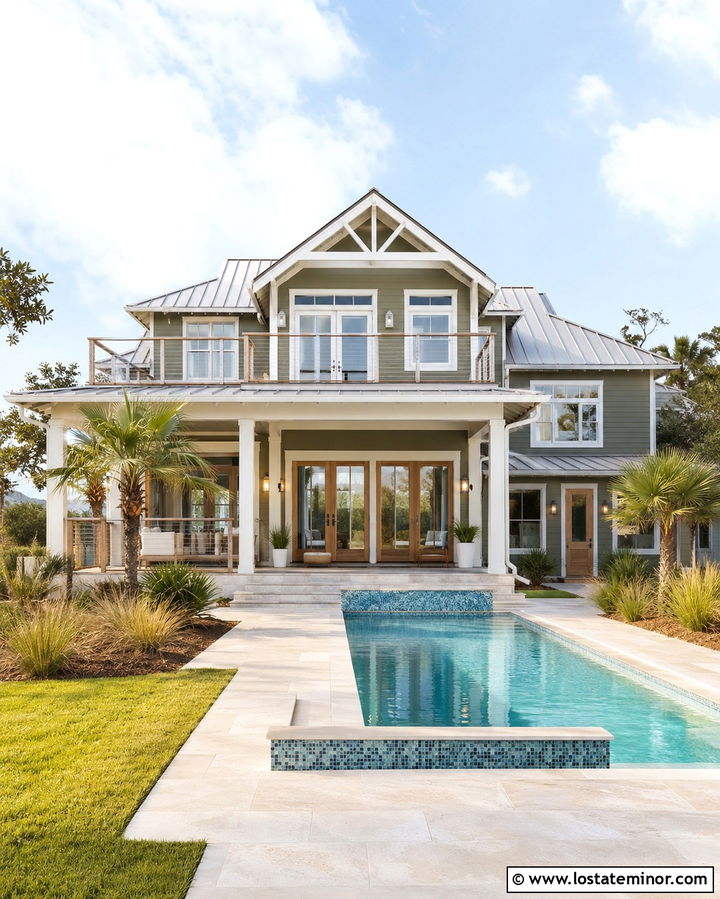 Olive Green Coastal House With Saltwater Pool - 30 Olive Green House Design With Swimming Pool Ideas