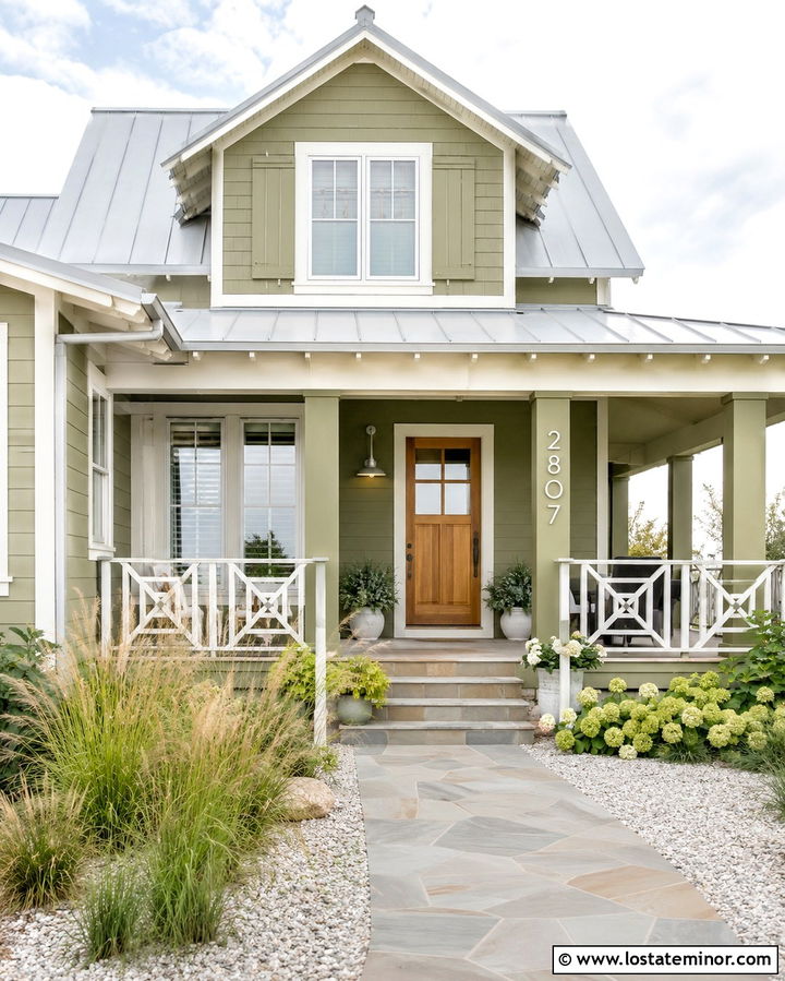 Olive Green Coastal House With White House Numbers - 30 Olive Green House Design With House Numbers Ideas