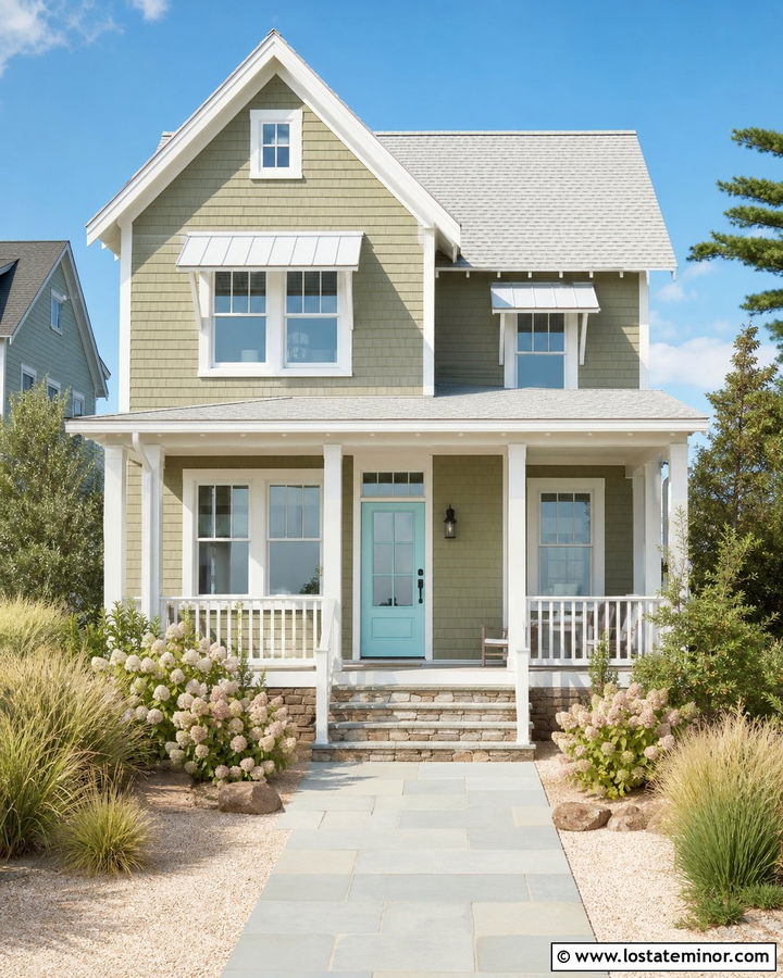 Olive Green Coastal House With White Metal Awnings - 30 Olive Green House Design With Awning Ideas