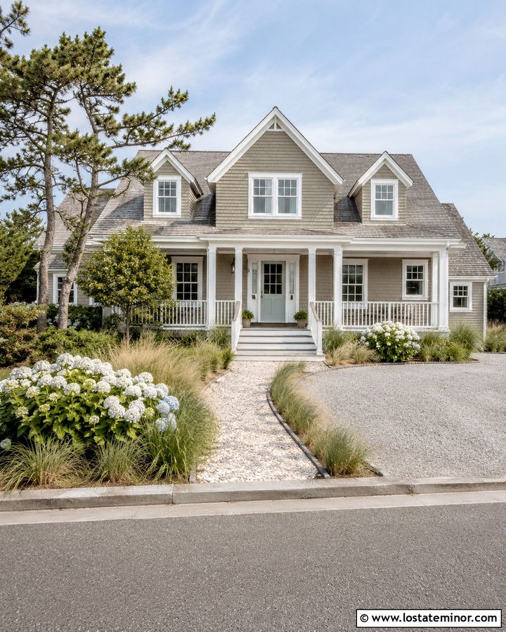 Olive Green Coastal House With White Portico - 30 Olive Green House Design With Portico Ideas