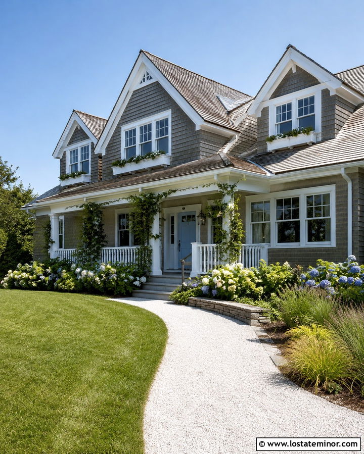 Olive Green Coastal House With White Window Boxes - 30 Olive Green House Design With Window Boxes Ideas