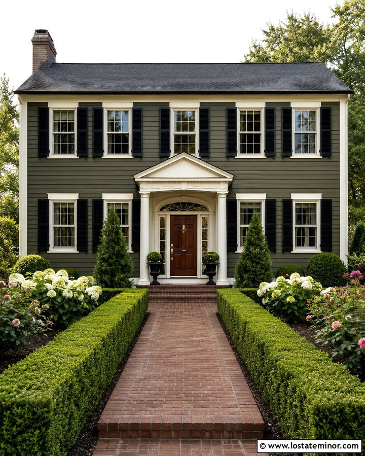 Olive Green Colonial House With Boxwood Garden - 30 Olive Green House Design With Front Yard Ideas