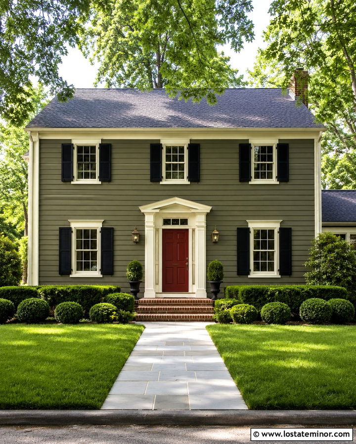 Olive Green Colonial House With Brass Sconces - 30 Olive Green House Design With Light Fixtures Ideas