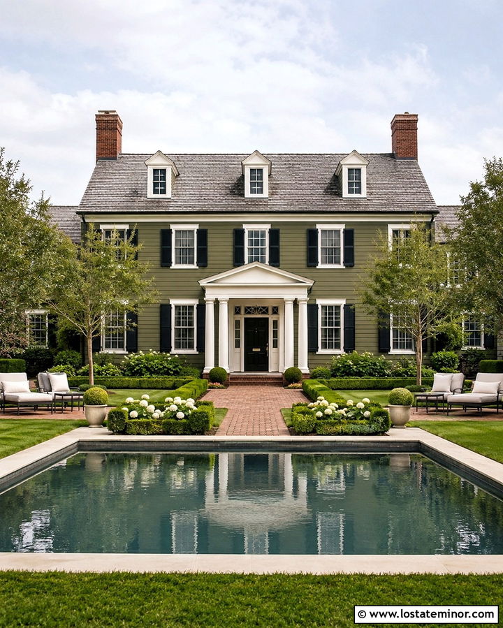 Olive Green Colonial House With Formal Pool - 30 Olive Green House Design With Swimming Pool Ideas