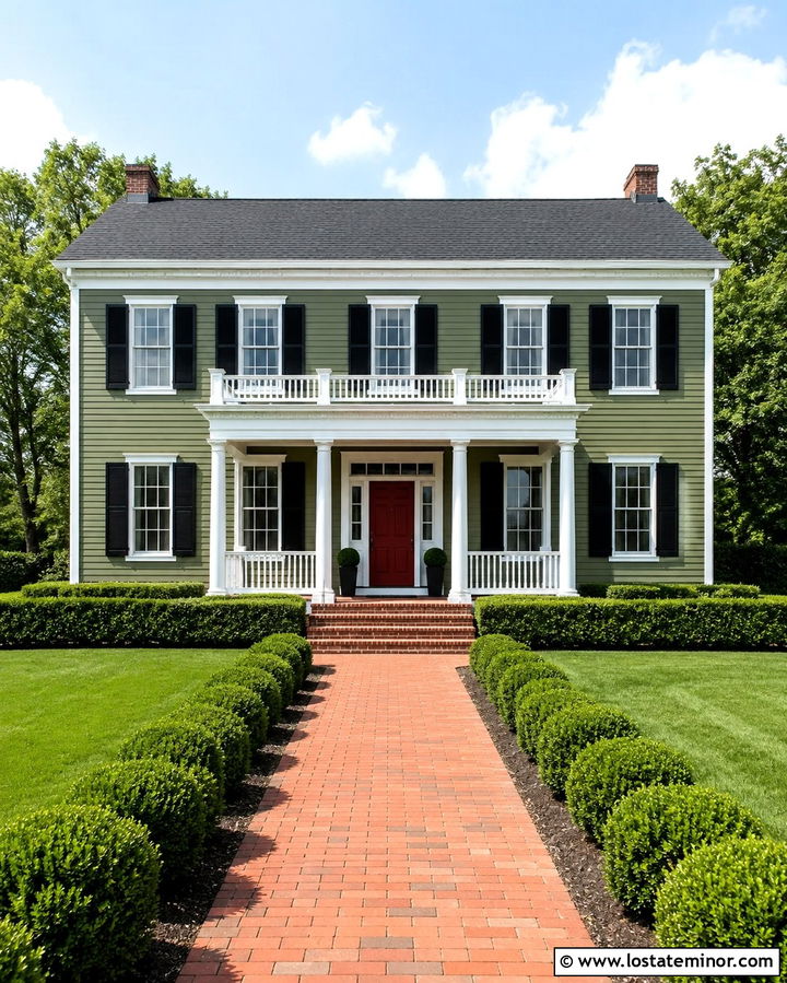 Olive Green Colonial House With Red Porch Door - 30 Olive Green House Design With Front Porch Ideas