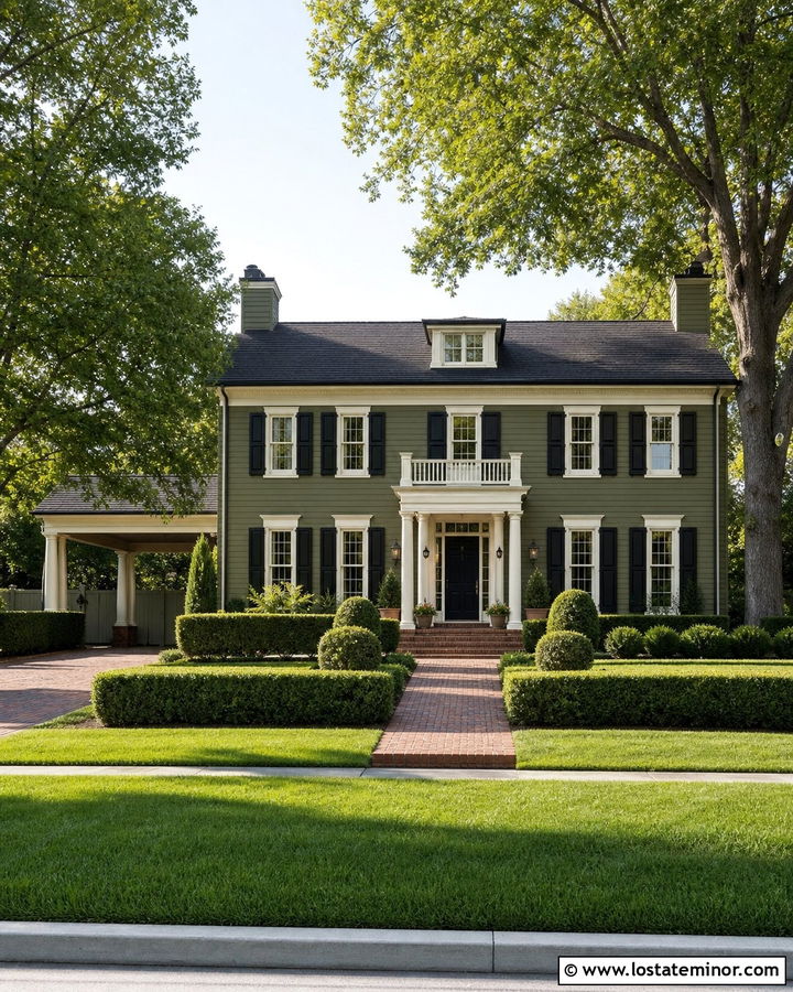Olive Green Colonial House With Side Carport - 30 Olive Green House Design With Carport Ideas