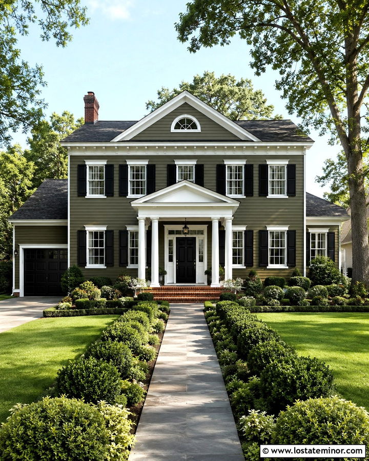 Olive Green Colonial House With White Portico - 30 Olive Green House Design With Portico Ideas