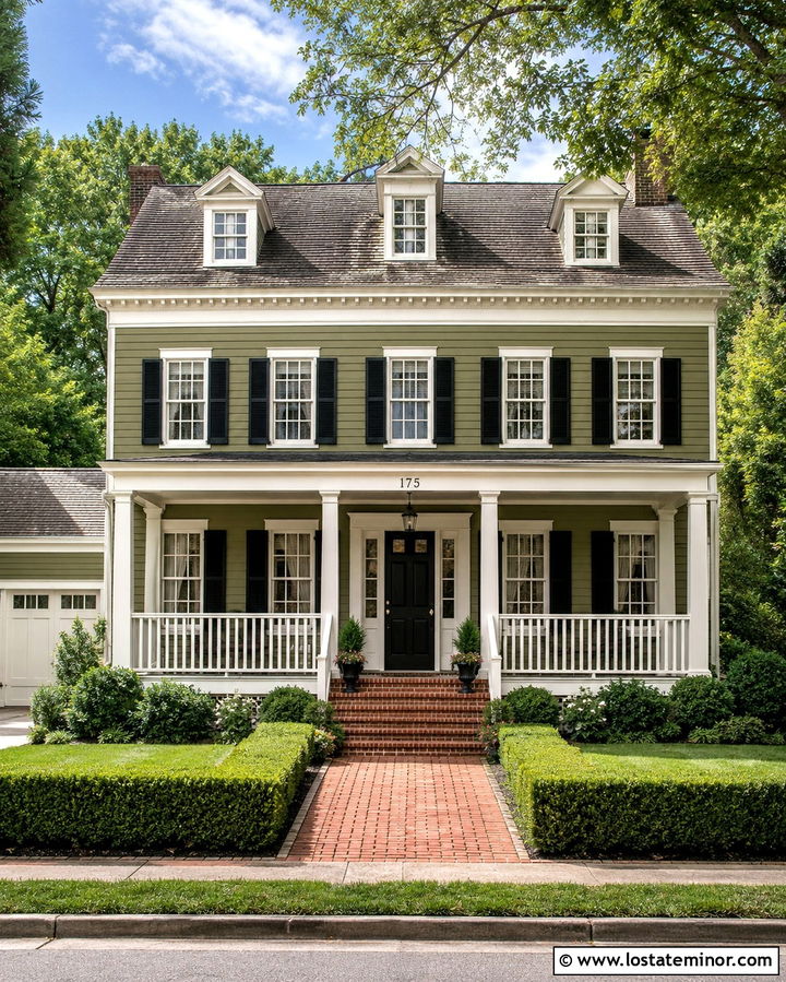 Olive Green Colonial House With White Railings - 30 Olive Green House Design With Railings Ideas