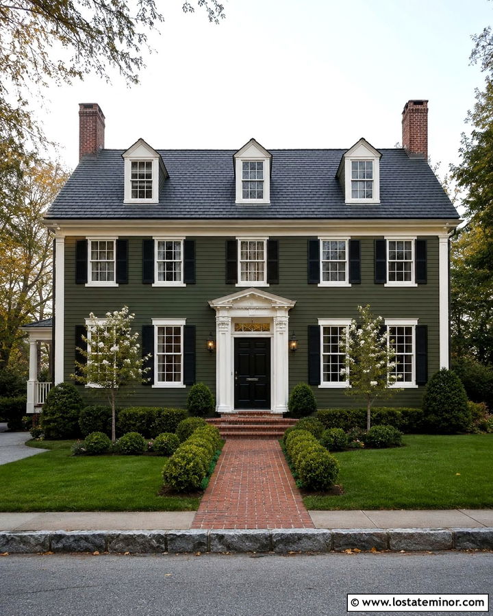 Olive Green Colonial Siding With Black Shutters - 30 Olive Green House Design With Siding Ideas