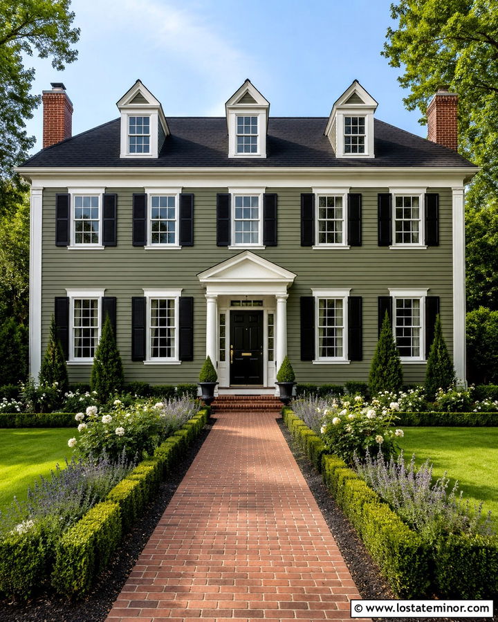 Olive Green Colonial With Boxwood Borders - 30 Olive Green House Design With Landscaping Ideas