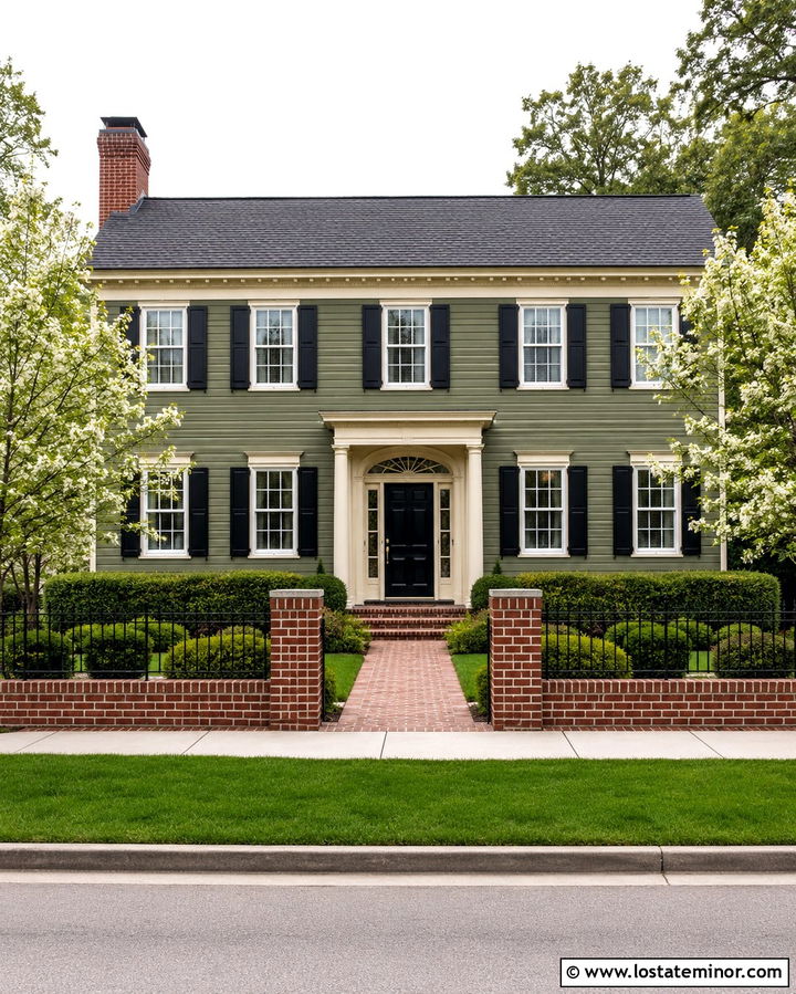 Olive Green Colonial With Brick Fence - 30 Olive Green House Design With Fence Ideas