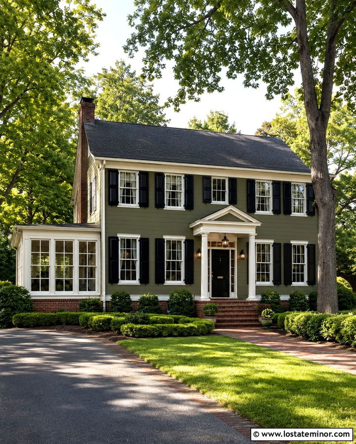 Olive Green Colonial With Brick Sunroom - 30 Olive Green House Design With Sunroom Ideas