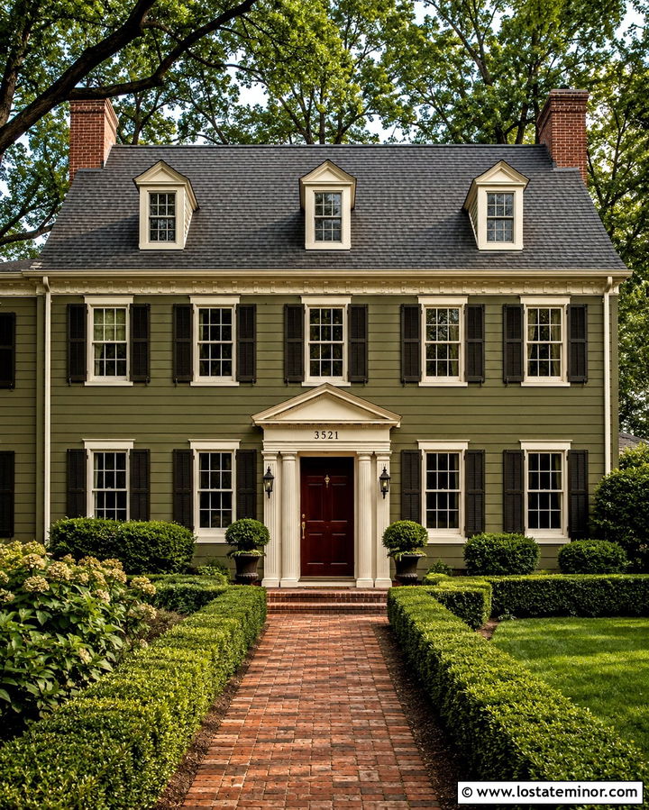 Olive Green Colonial With Bronze House Numbers - 30 Olive Green House Design With House Numbers Ideas