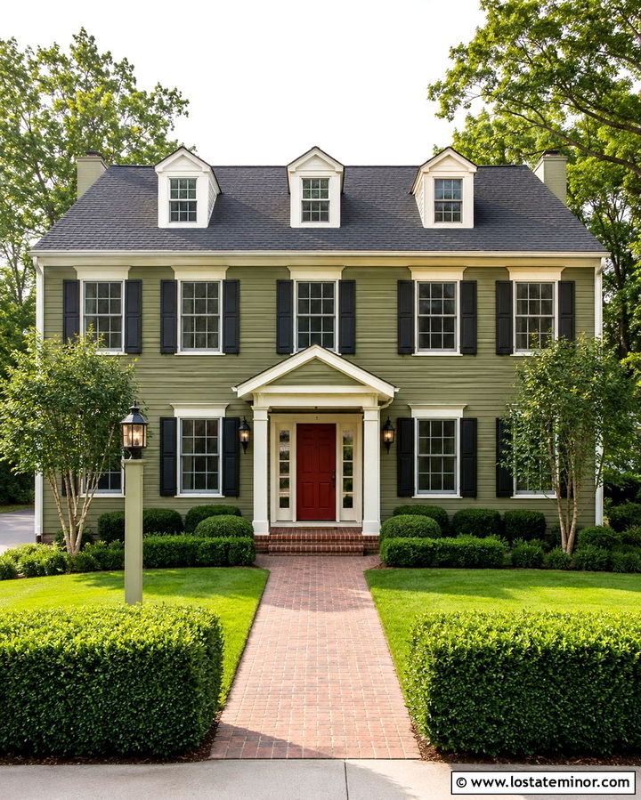 Olive Green Colonial With Bronze Lanterns - 30 Olive Green House Design With Lighting Ideas