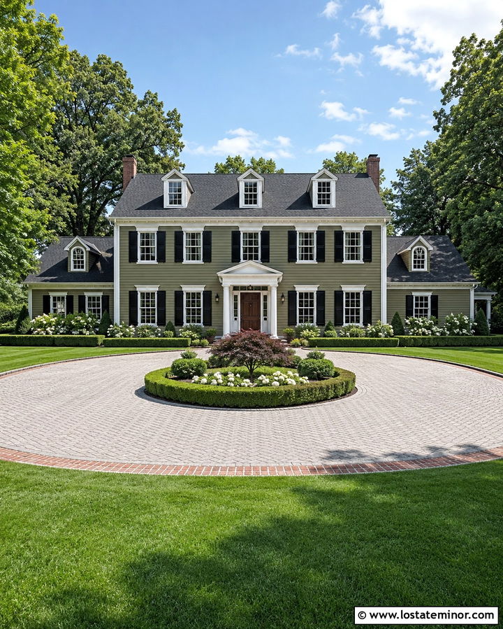 Olive Green Colonial With Circular Driveway - 30 Olive Green House Design With Driveway Ideas