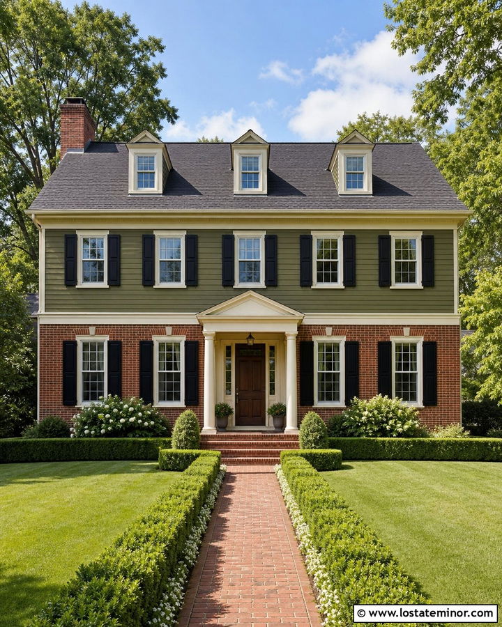 Olive Green Colonial With Dark Red Brick - 30 Olive Green House Design With Brick Accents Ideas