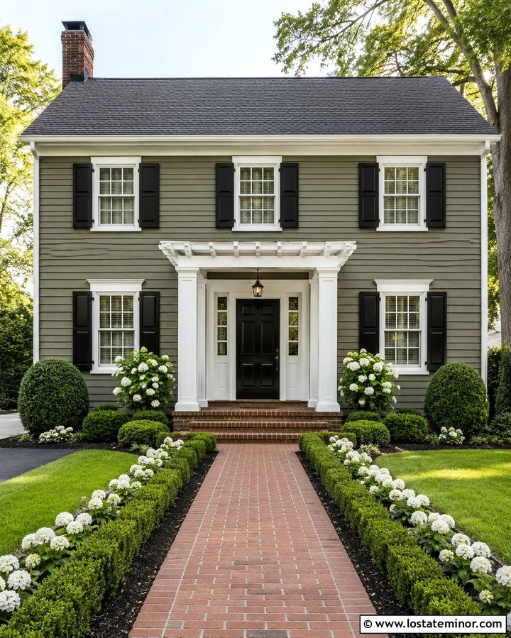 Olive Green Colonial With Entry Pergola - 30 Olive Green House Design With Pergola Ideas