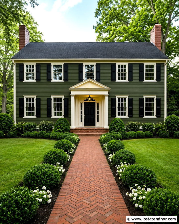 Olive Green Colonial With Herringbone Brick Walkway - 30 Olive Green House Design With Walkway Ideas