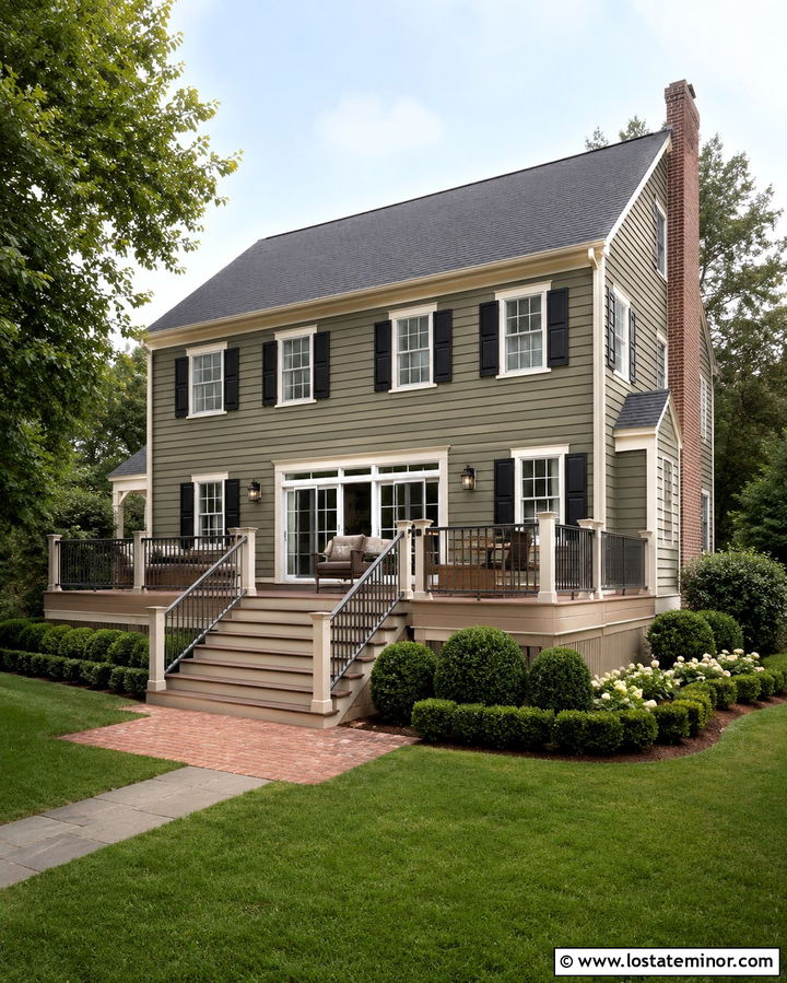 Olive Green Colonial With Raised Back Deck - 30 Olive Green House Design With Deck Ideas