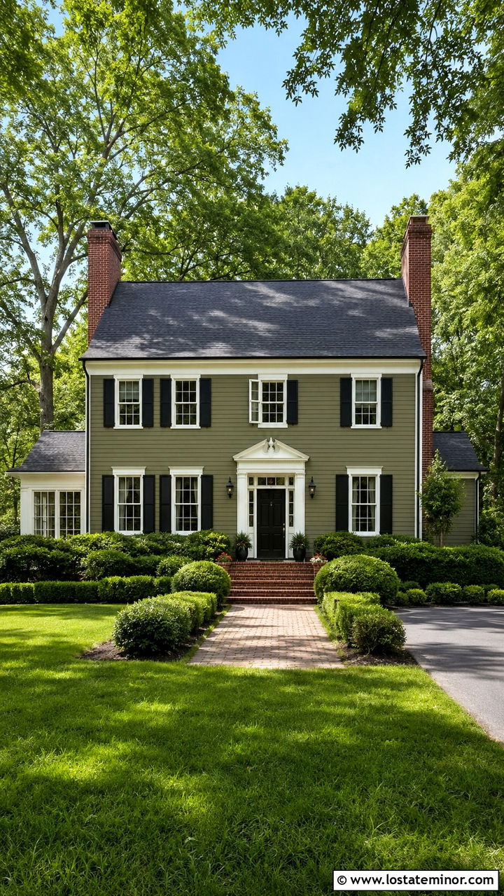 Olive Green Colonial With Red Brick Chimney - 30 Olive Green House Design With Chimney Ideas