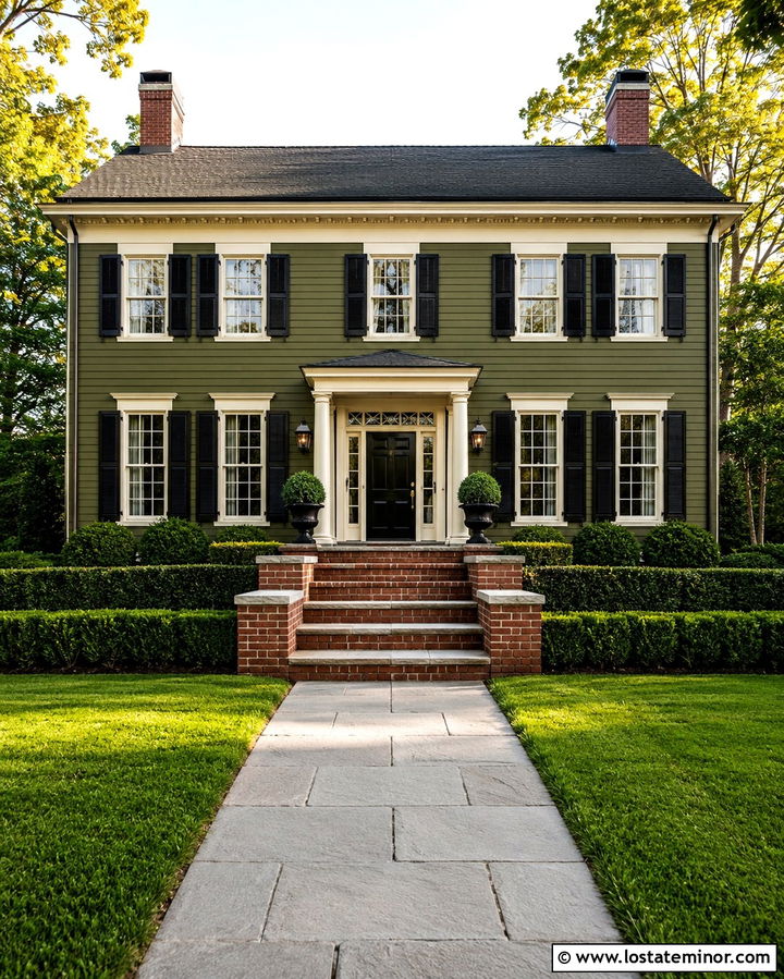 Olive Green Colonial With Red Brick Steps - 30 Olive Green House Design With Steps Ideas