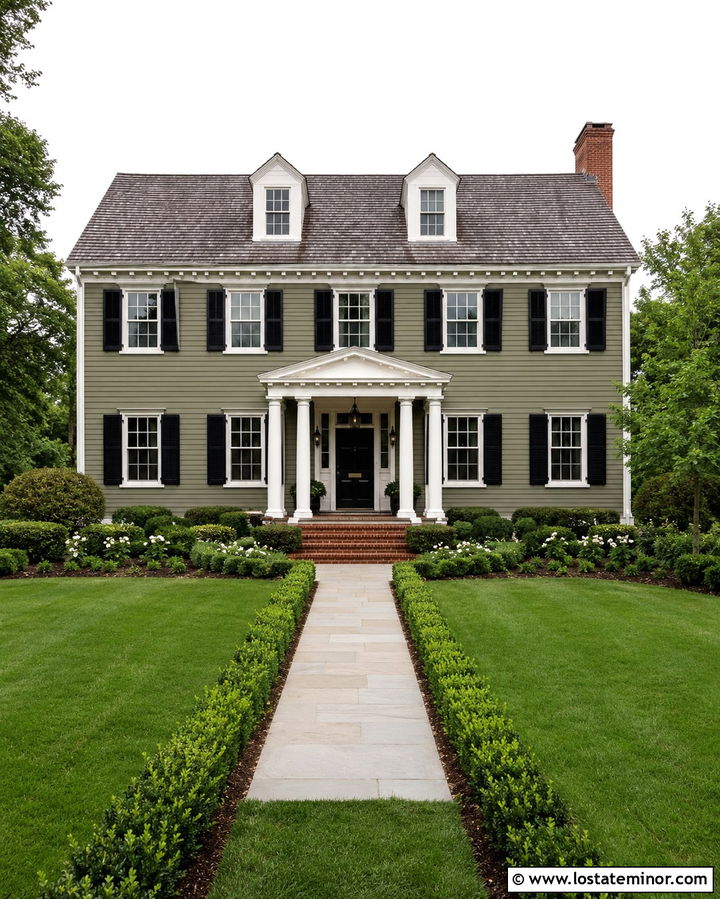 Olive Green Colonial With Round Porch Columns - 30 Olive Green House Design With Porch Columns Ideas