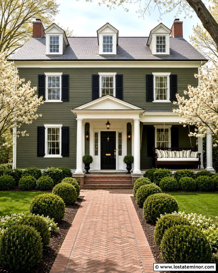Olive Green Colonial With Side Porch Daybed - 30 Olive Green House Design With Daybed Ideas