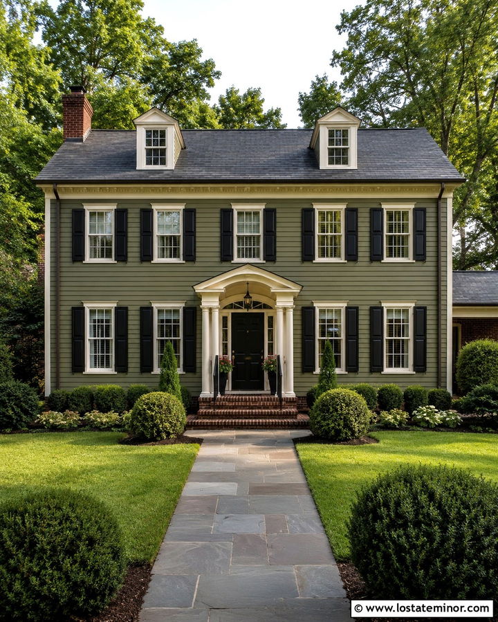 Olive Green Colonial With Slate Gray Shingles - 30 Olive Green House Design With Shingles Ideas