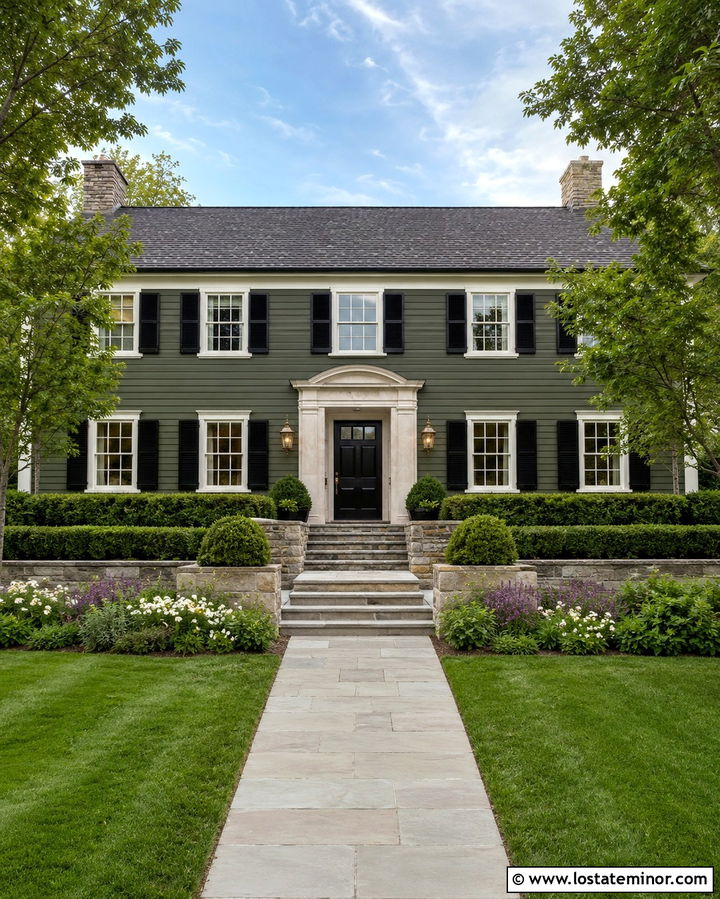 Olive Green Colonial With Stone Entry - 30 Olive Green House Design With Stone Accents Ideas