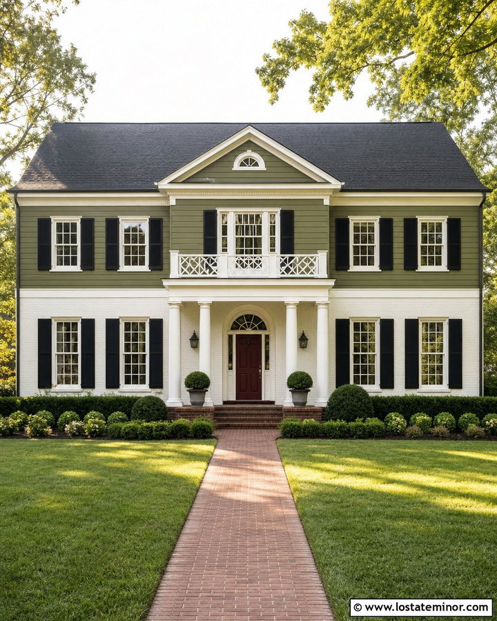 Olive Green Colonial With White Brick - 30 Olive Green House Design With Brick Accents Ideas
