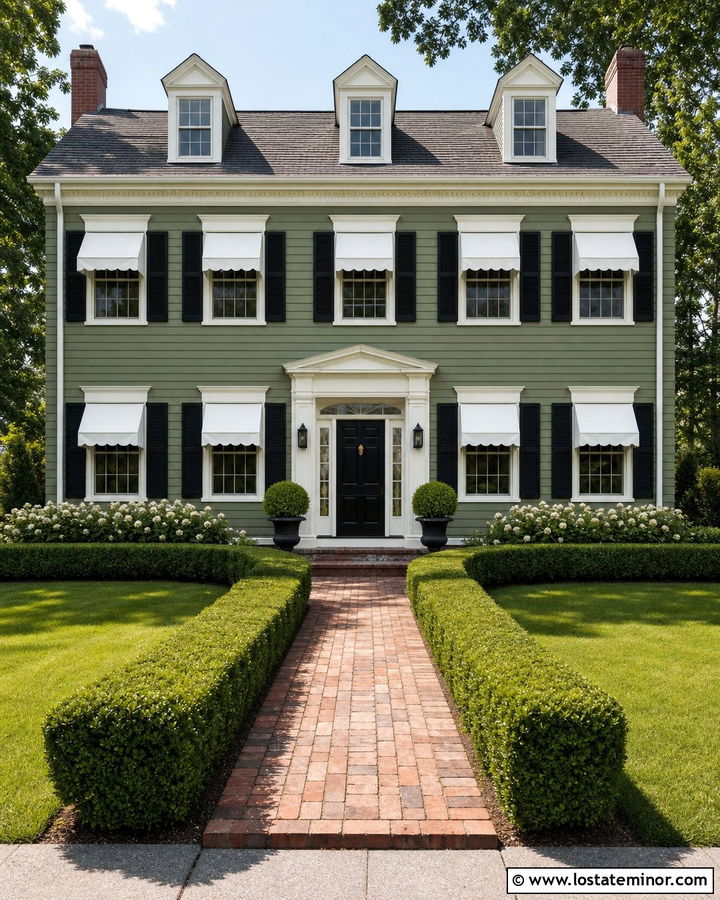 Olive Green Colonial With White Fabric Awnings - 30 Olive Green House Design With Awning Ideas