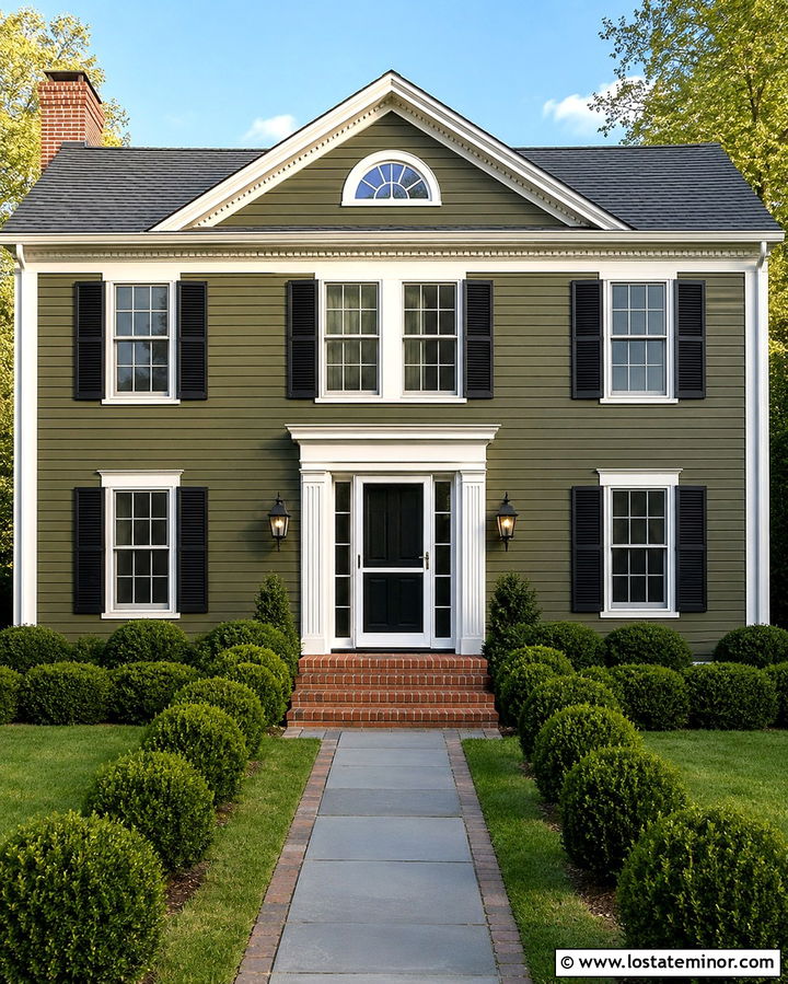 Olive Green Colonial With White Screen Door - 30 Olive Green House Design With Screen Door Ideas