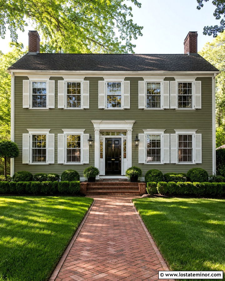 Olive Green Colonial With White Shutters - 30 Olive Green House Design With Shutters Ideas