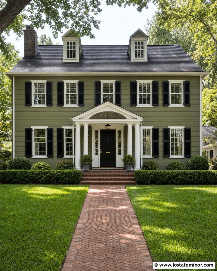 Olive Green Colonial With White Trim And Black Door - 30 Olive Green House Design With Accents Ideas