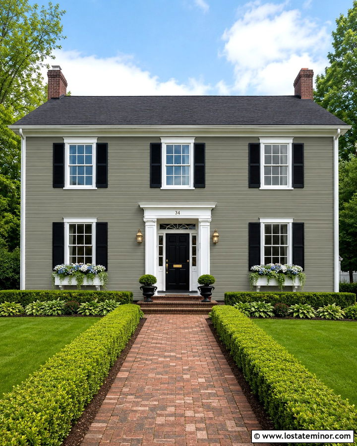 Olive Green Colonial With White Window Boxes - 30 Olive Green House Design With Window Boxes Ideas