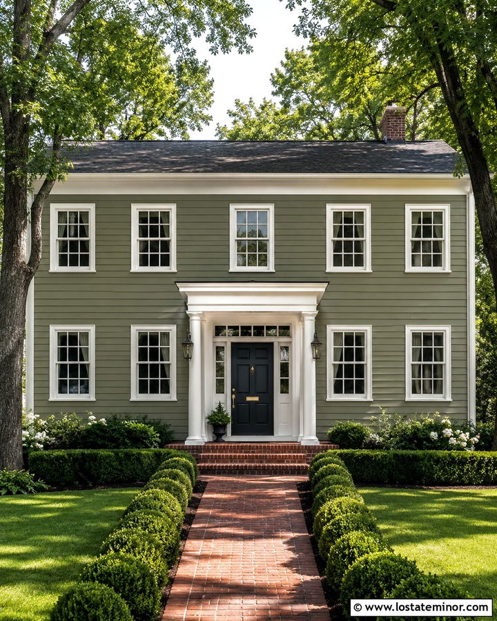 Olive Green Colonial With White Window Frames - 30 Olive Green House Design With Window Frames Ideas