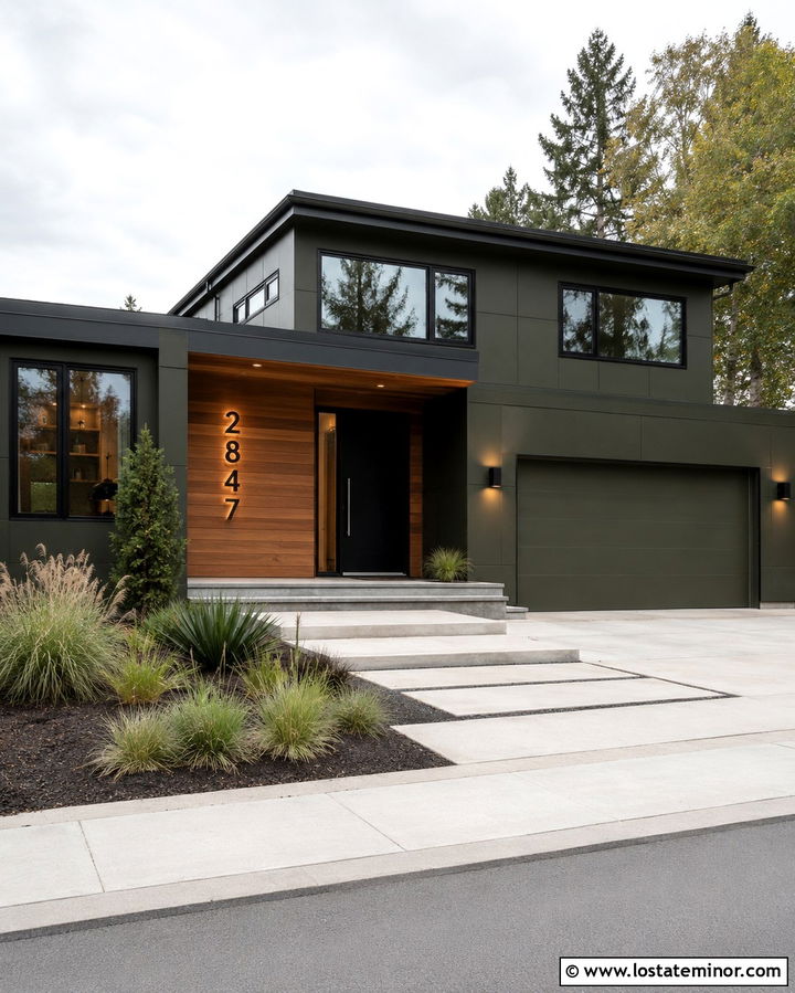 Olive Green Contemporary House With Backlit Numbers - 30 Olive Green House Design With House Numbers Ideas