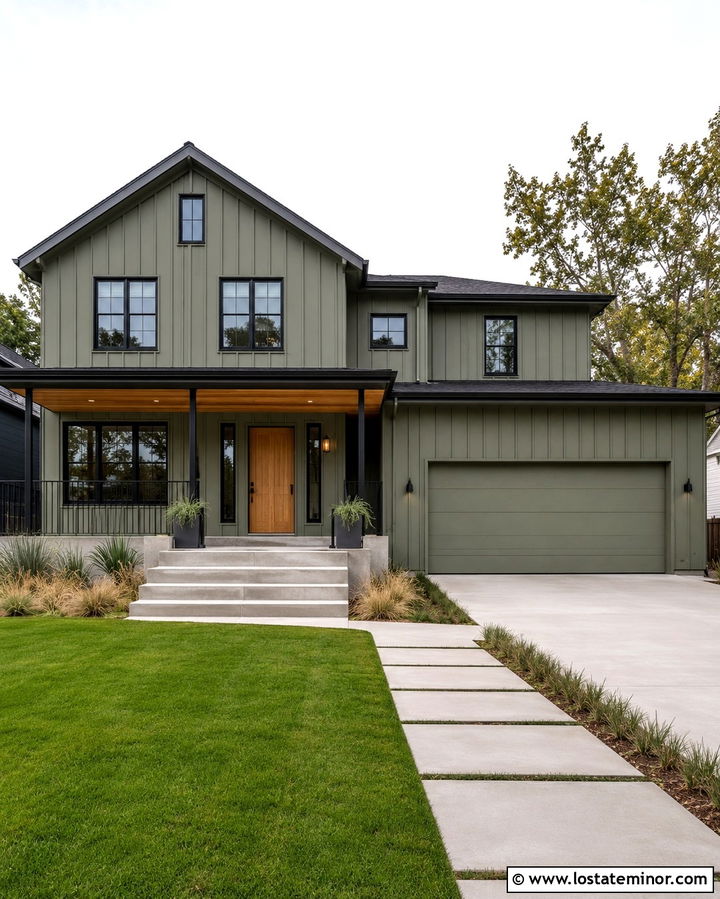 Olive Green Contemporary House With Black Porch Railing - 30 Olive Green House Design With Front Porch Ideas