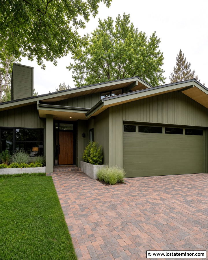 Olive Green Contemporary House With Brick Pavers - 30 Olive Green House Design With Brick Accents Ideas