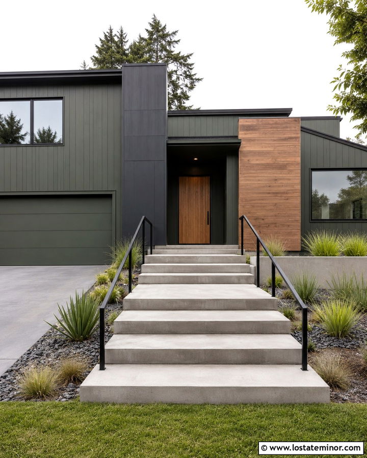 Olive Green Contemporary House With Concrete Steps - 30 Olive Green House Design With Steps Ideas