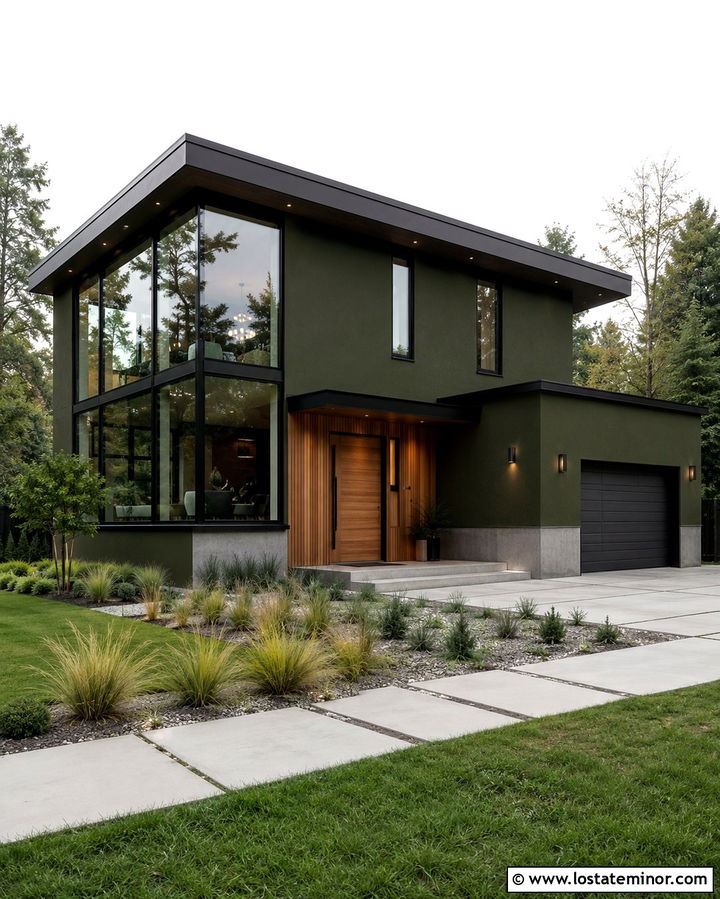 Olive Green Contemporary House With Corner Sunroom - 30 Olive Green House Design With Sunroom Ideas