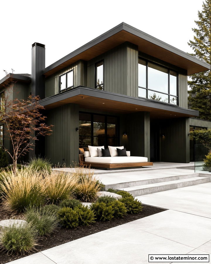 Olive Green Contemporary House With Floating Daybed - 30 Olive Green House Design With Daybed Ideas