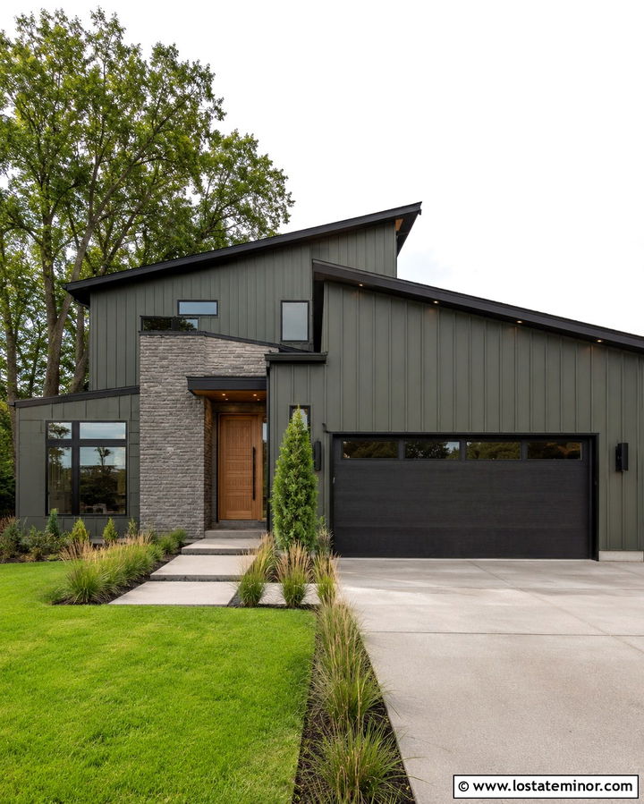 Olive Green Contemporary House With Gray Ledgestone - 30 Olive Green House Design With Stone Accents Ideas